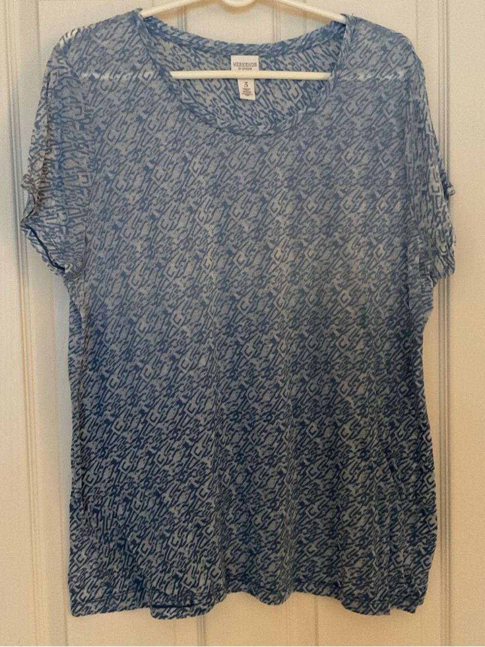 Chico’s Light Blue Patterned Short Sleeve Top